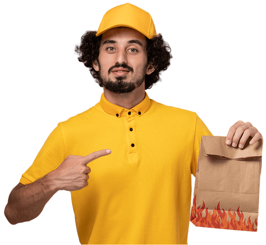 Guy Pointing to a Take-Out Bag