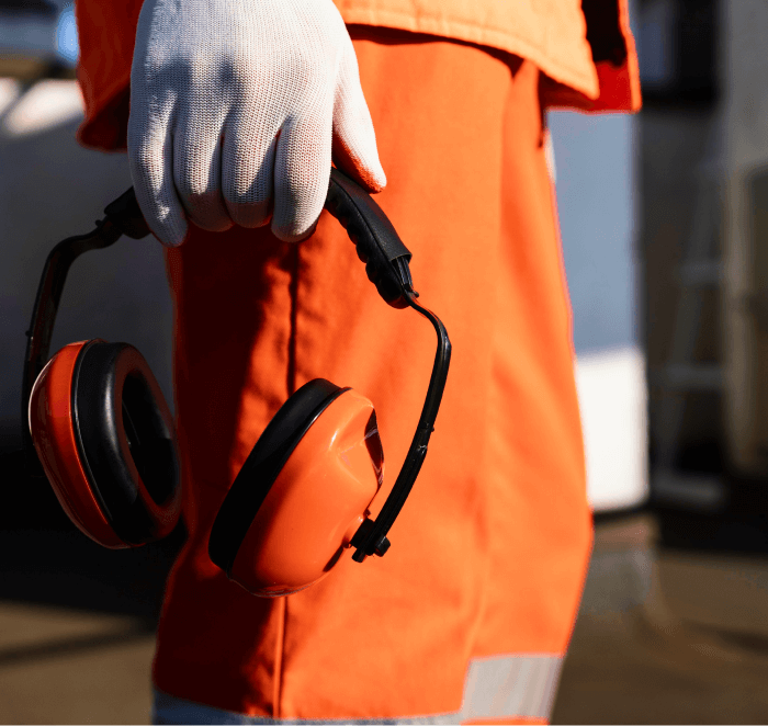 Construction Person Holding Noise Cancelling Ear Muffs